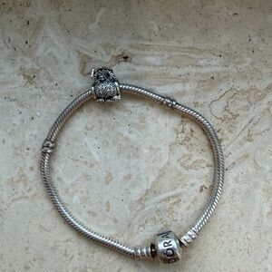 Pandora Silver Snake Chain Bracelet with Decorative Owl Clasp